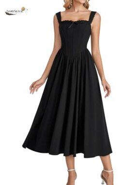 Floral Corset Midi Dress Lace Up Square Neck A-Line Summer Wedding Guest